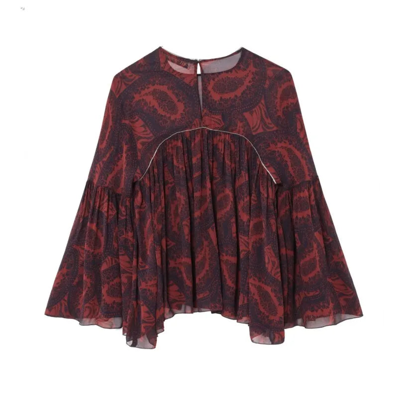 Women's Spring Printed Midi Skirt Two-Piece Set with Casual Folded Silk Texture Shirt and High Waist Skirt