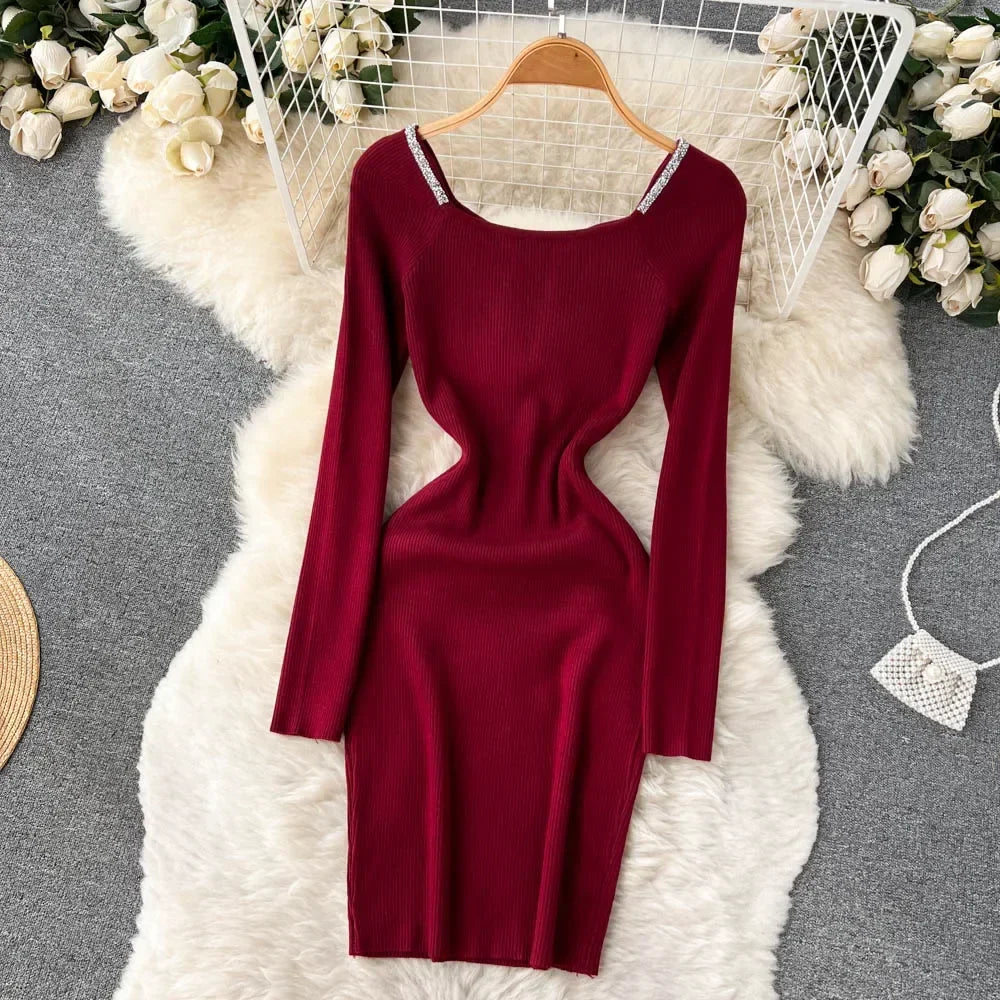 Knit Bodycon Dress For Women Long Sleeve Winter Sweater