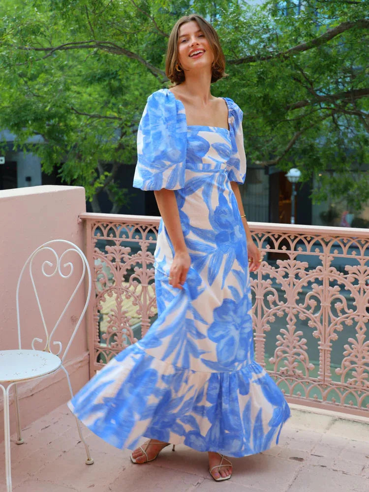 Bohemian Printed Lantern Sleeve Maxi Dress With Collar