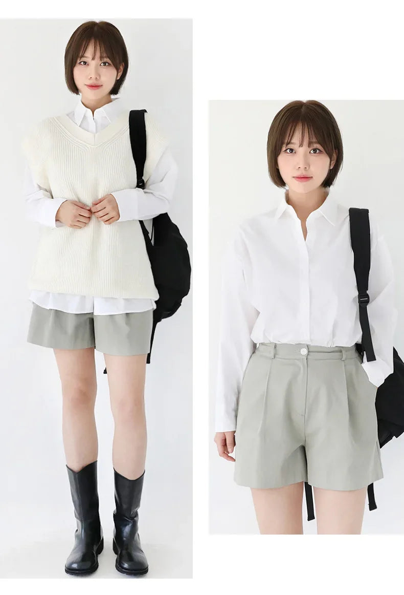 Women's Casual Loose Fit Long Sleeve Lapel Shirt 100 Percent Cotton Pure Color Versatile Layering Top for Spring and Autumn