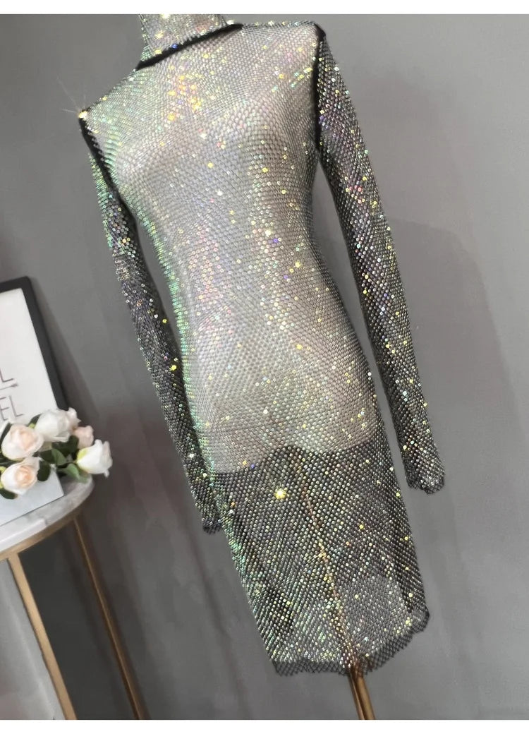Rhinestone High Neck Glitter Party Dress Mid Length