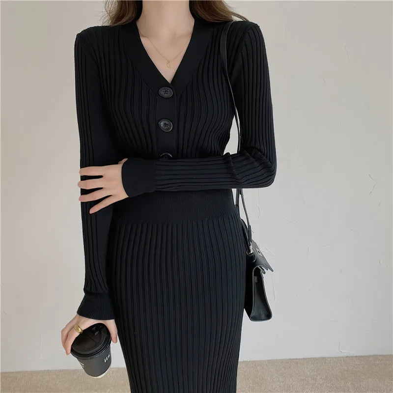 Knit Sweater Dress For Women V Neck Maxi With Buttons