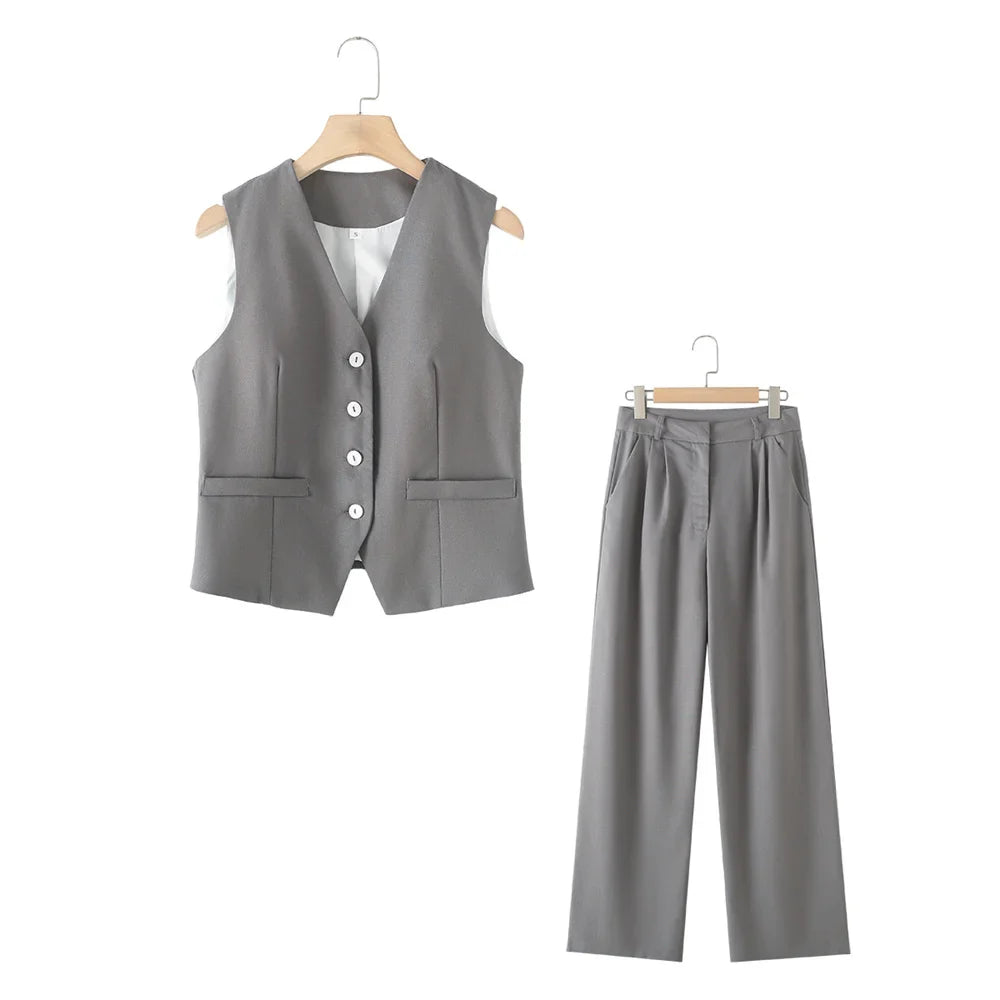 Versatile Slim Sleeveless Cotton Linen Vest and Mid-Waist Trousers Suit for Women's Commuting Style