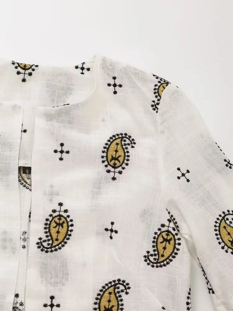 Vintage Women Embroidered Cardigan Coat and Wide Leg Trousers 2 Piece Outfit Set