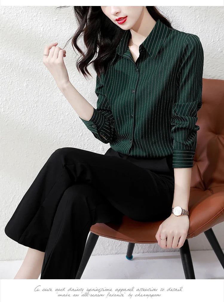 Striped Long Sleeve Women Shirt Button Up Blouse Lightweight Chiffon Tops Elegant Casual Office Wear