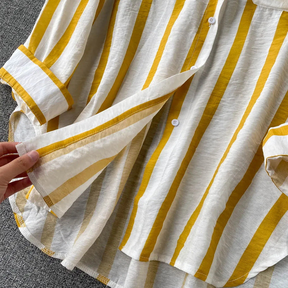 Elegant Medium Length Vertical Stripe Shirt Jacket for Women Casual Loose Fitting Korean Style Blouse