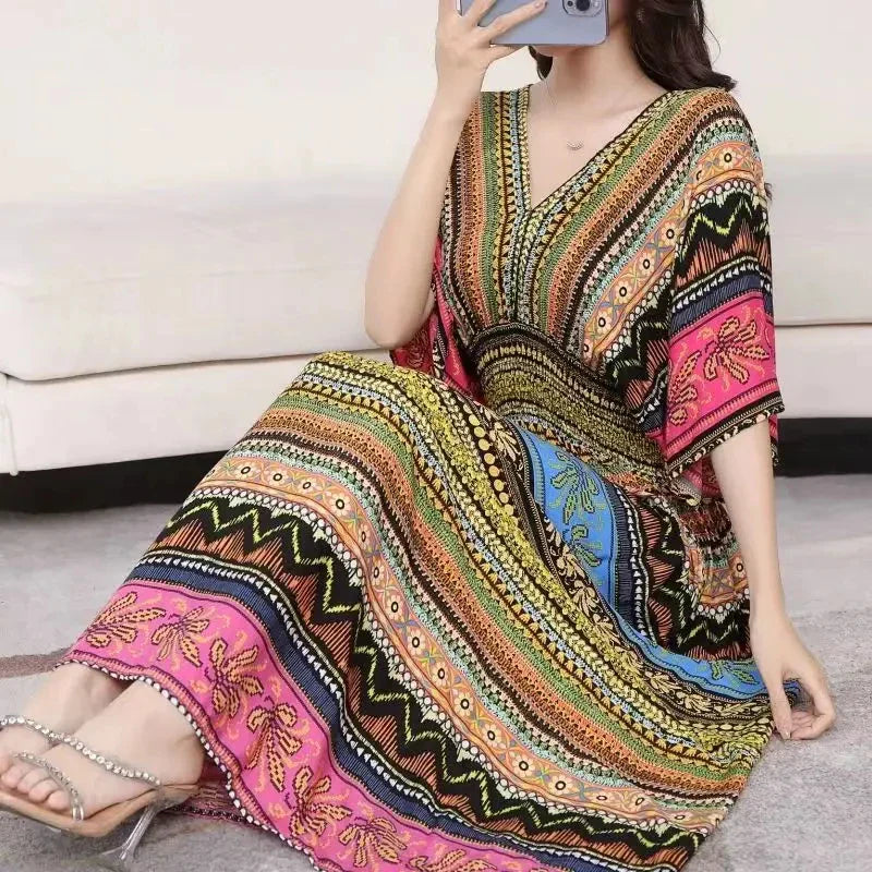 Chic Womens V Neck Vintage Boho Print A Line Dress Style
