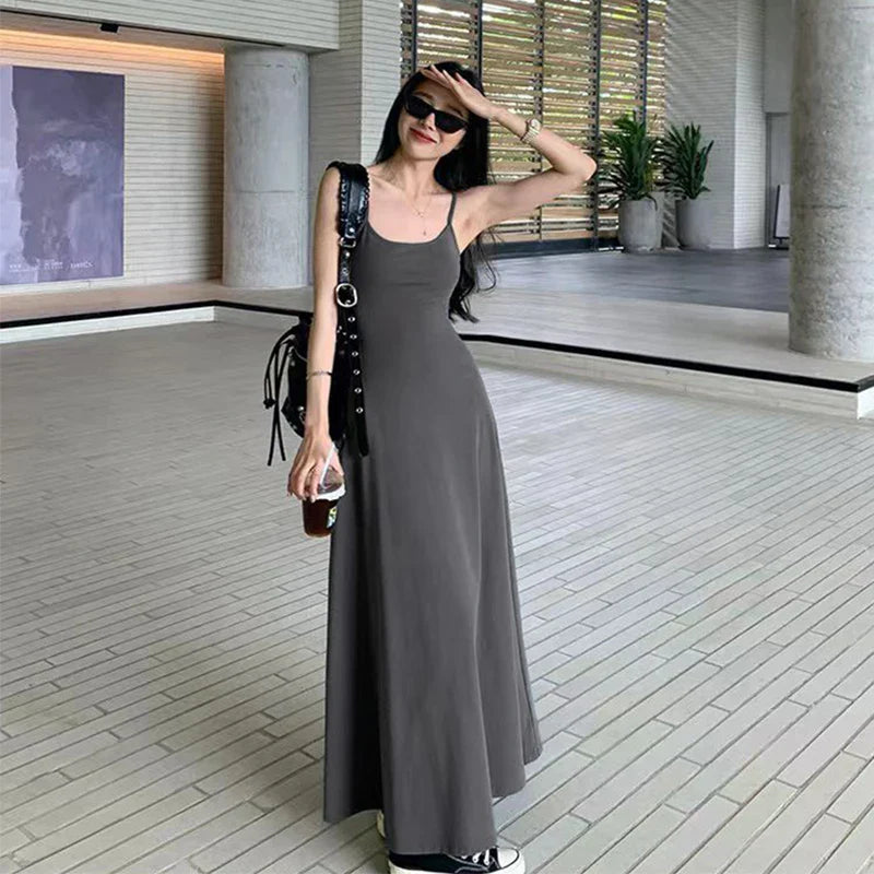 Y2K Black Strap Long Dress Sleeveless Bodycon Sundress