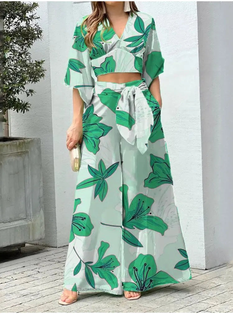 Casual Women's Two Piece Set Featuring V Neck Crop Top and High Waist Wide Leg Pants with Trendy Print for Stylish Autumn Outfits