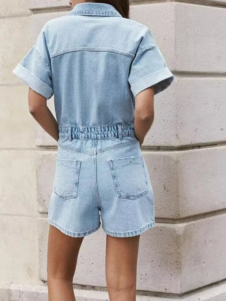 Women's Denim Short Jumpsuit Slim Fit with Lapel Collar Curled Short Sleeves and Patch Pockets Summer Casual Romper