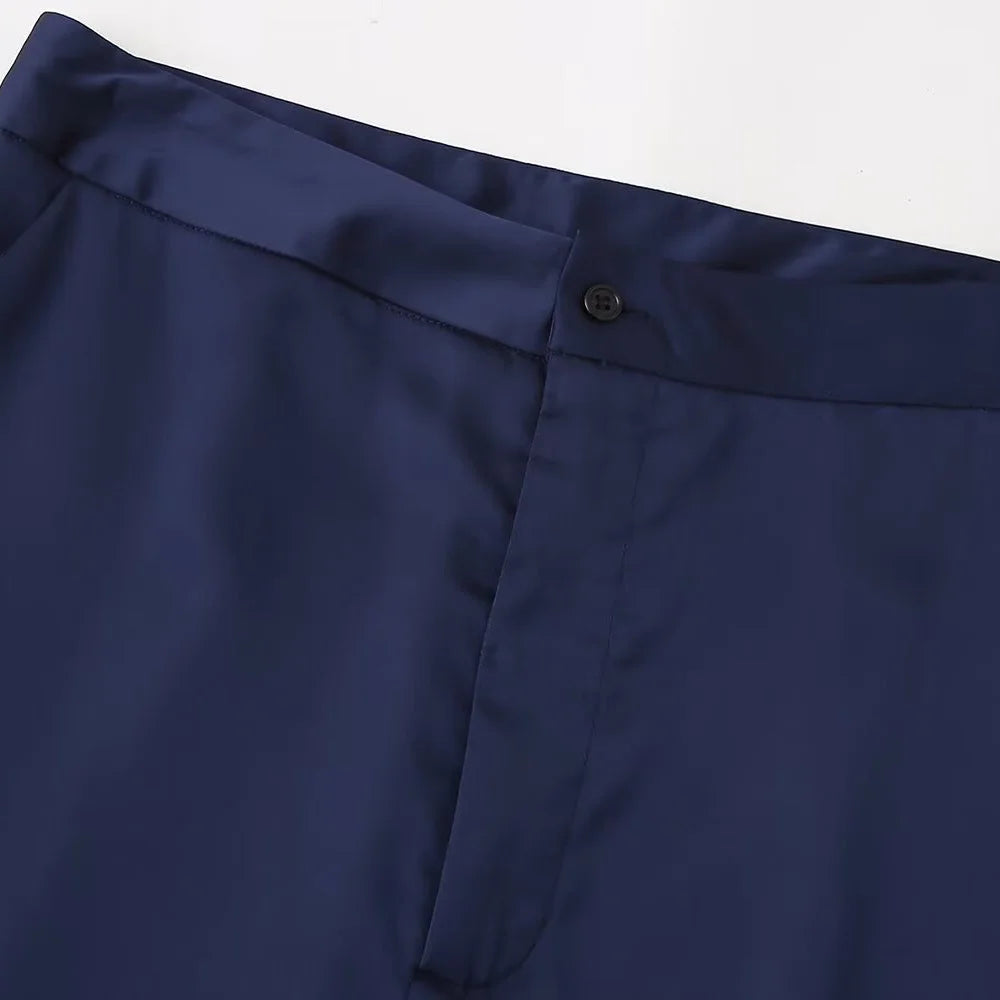 Women's Casual Polo Collar Long Sleeved Sequin Satin Kimono Coat and Bead Pants Set