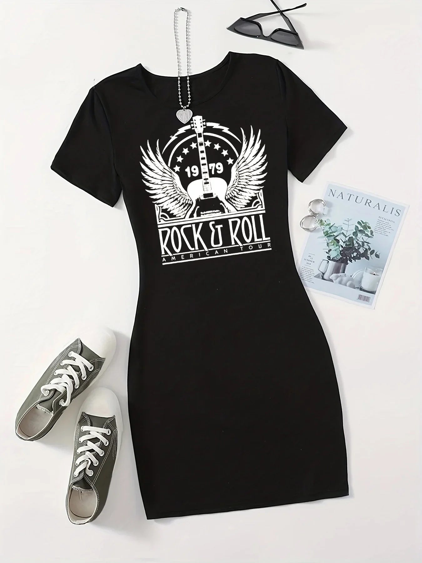 Summer Rock and Roll Print Short Sleeve T Shirt Dress