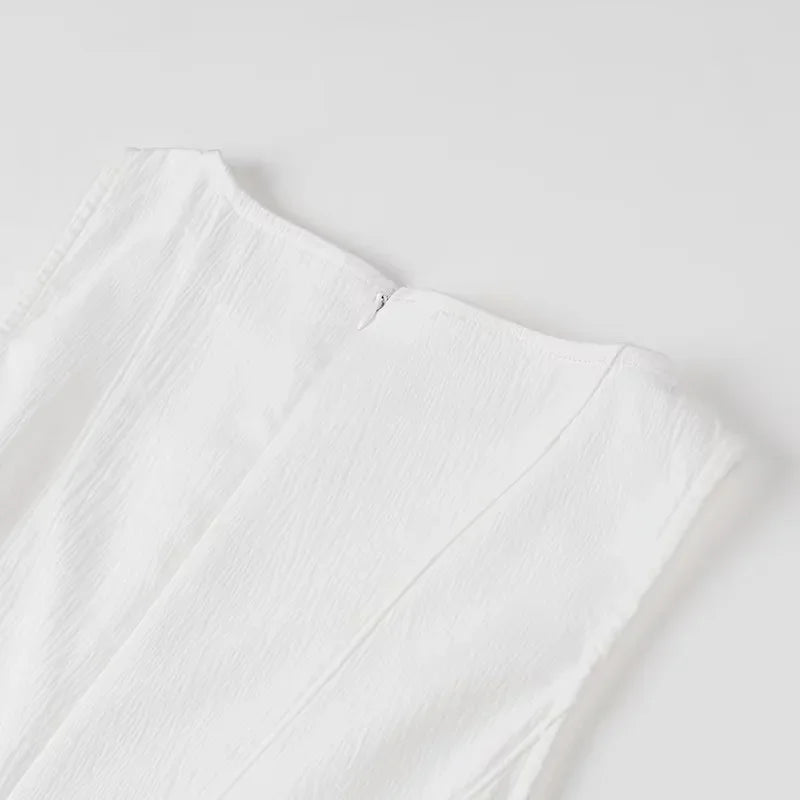 White Sleeveless Mini Dress With Back Zipper Folds Elegant