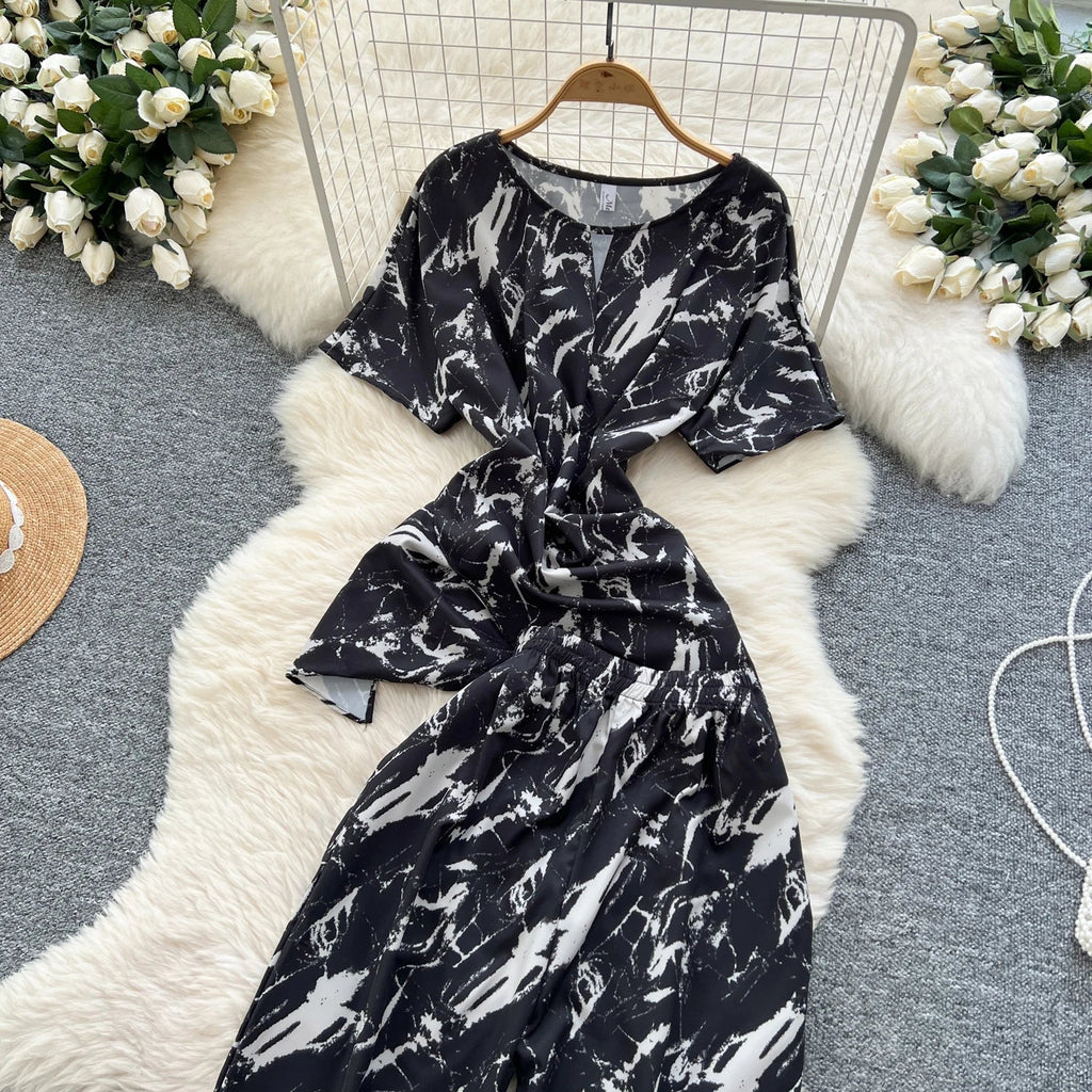 Printed Women Summer Fashion Two Piece Set with Short Sleeve Top and Wide Leg Long Pants for Casual Streetwear Outfits