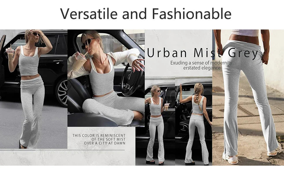 Casual Workout Two Piece Sets for Women Short Sleeve Crop Top and High Waist Flare Pants Tracksuit