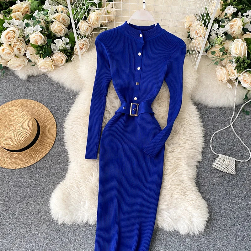 Womens Winter Knitted Dress Stand Collar With Sash Belt