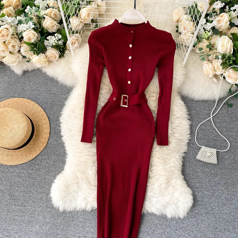 Womens Winter Knitted Dress Stand Collar With Sash Belt