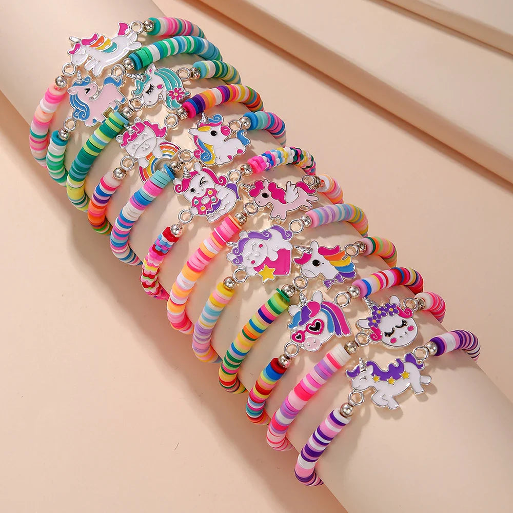 12Pcs Unicorn Cat Flower Charm Elastic Beaded Bracelets for Girls Birthday Party Jewelry Friendship Gift