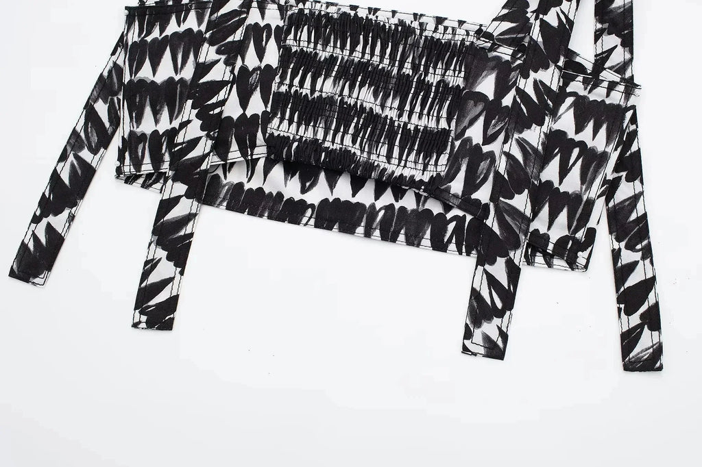 Women's Fashion Print Set Sexy Backless Sleeveless Slim Lace-Up Corset Crop Top with Elegant A-Line Pleated Midi Skirt