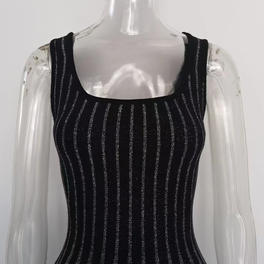 Silver Silk Waist Slimming Strap Dress Knit Short Skirt