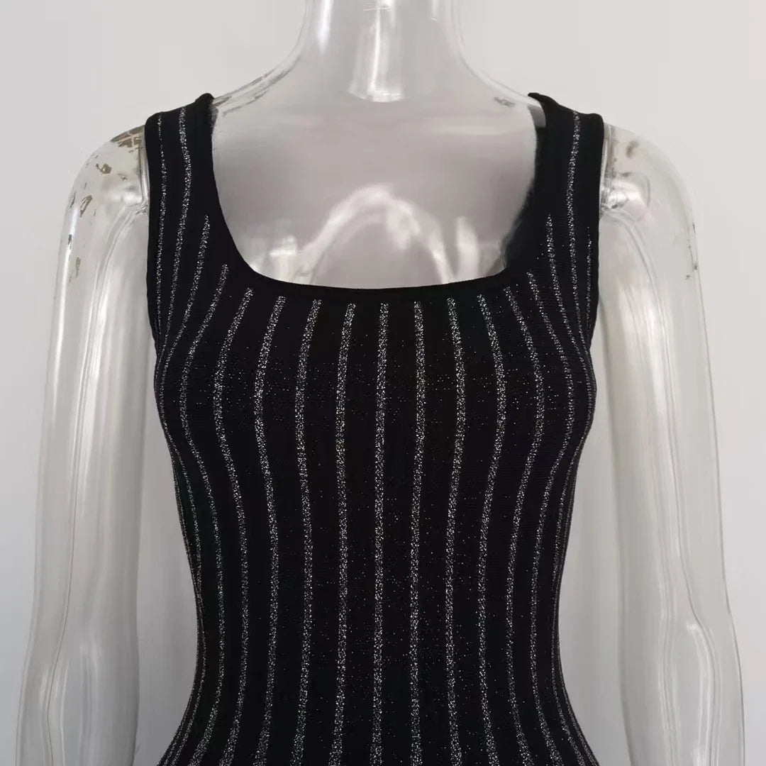 Silver Silk Waist Slimming Strap Dress Knit Short Skirt