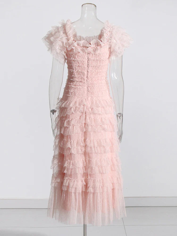 Patchwork Mesh Dress For Women High Waist Ruffled Casual