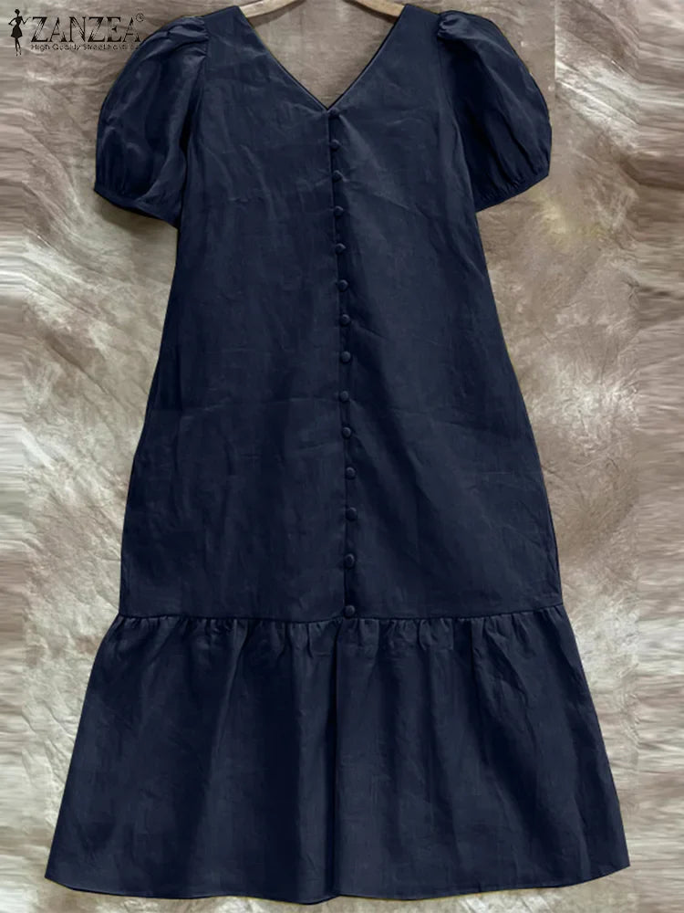 V Neck Puff Sleeve Midi Dress Solid Color Casual Wear