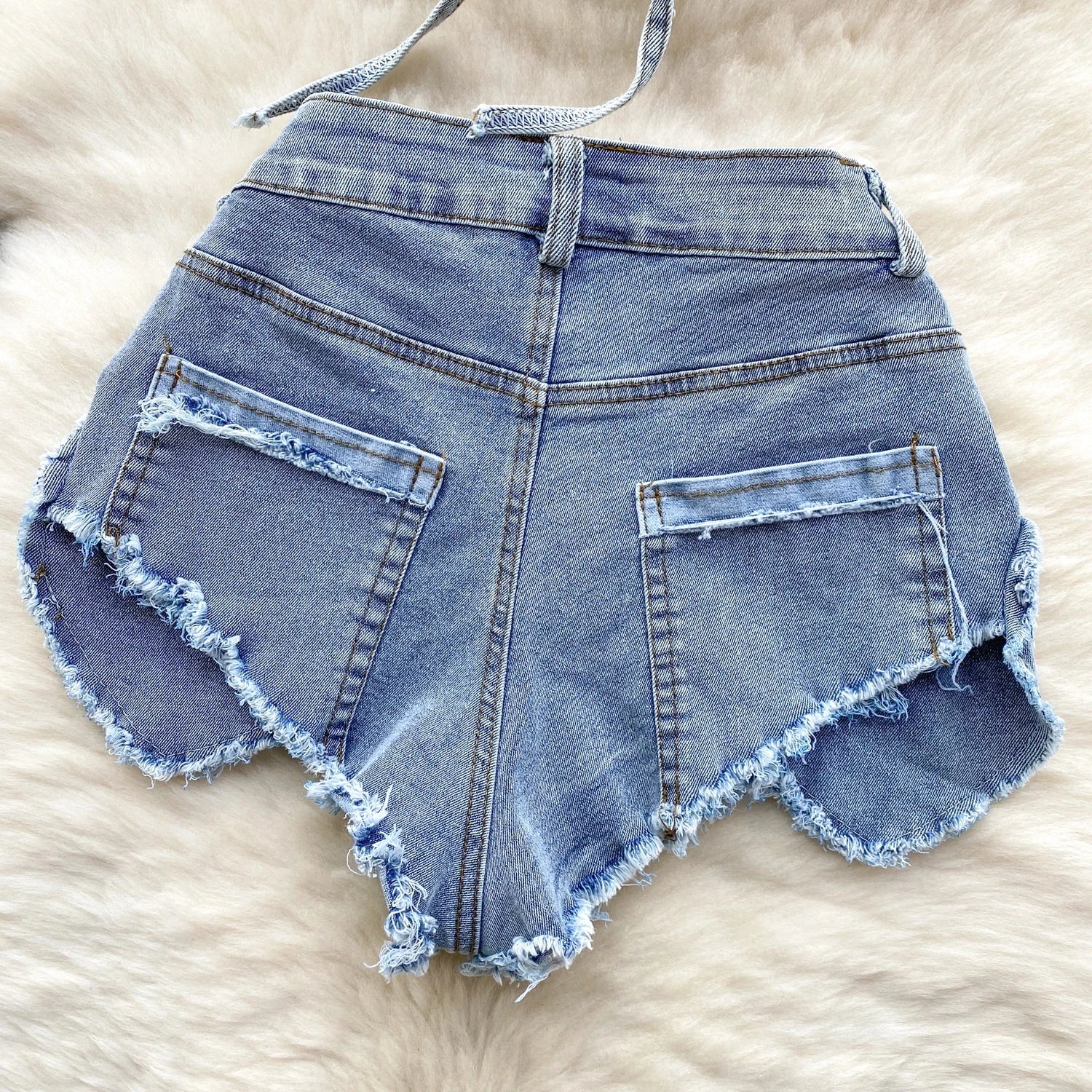 Blue Halter Sleeveless Backless Bikini Top with Buttoned Denim Shorts Sexy Vintage Beachwear Set