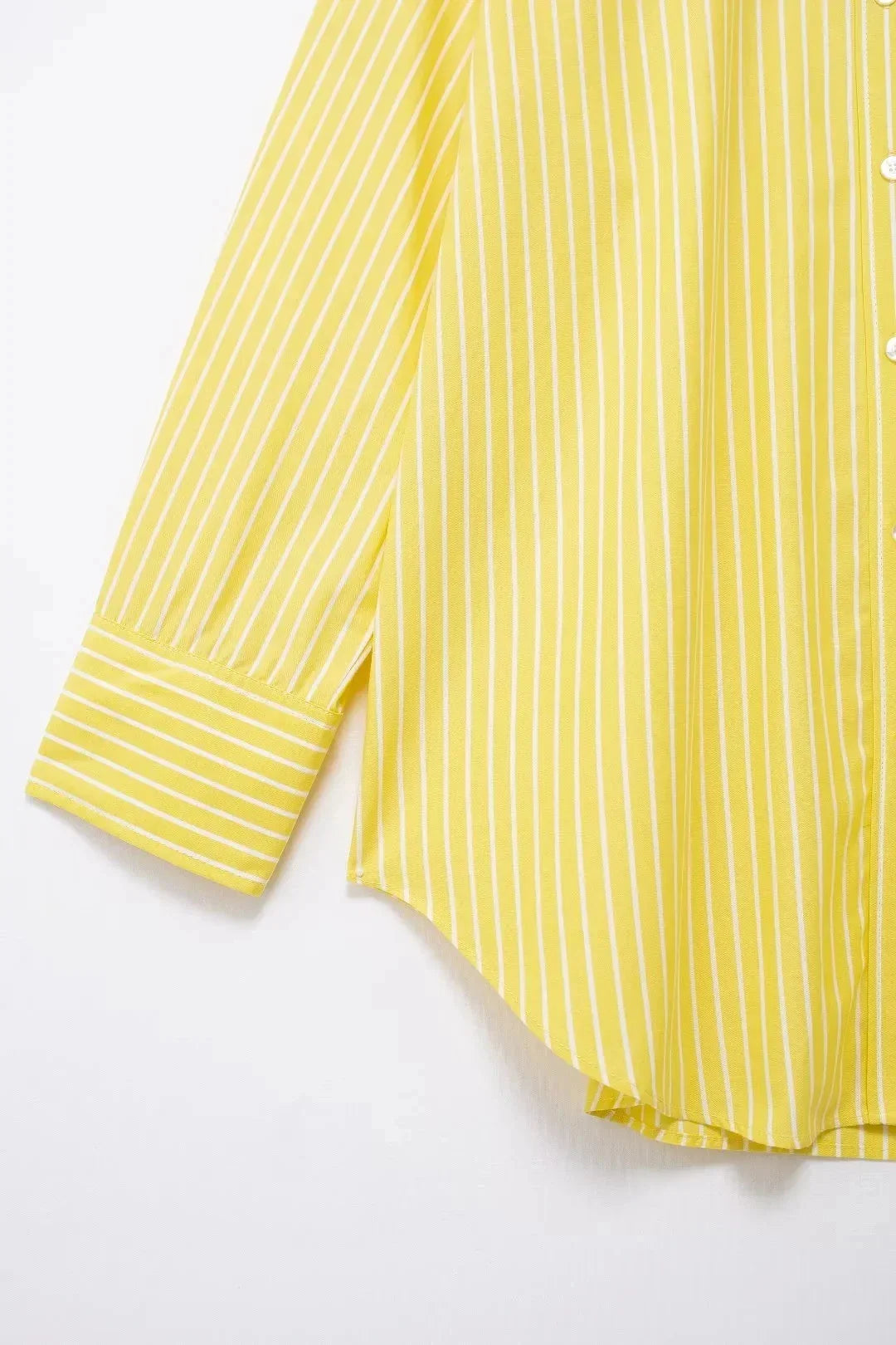 Stylish Women's Yellow Striped High Waist Drawstring Casual Trousers Cozy Loose Long Pants