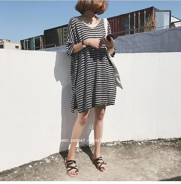 Summer Women's Striped T-Shirt Dress Loose Fit Short Sleeve Casual Tee for Home Wear