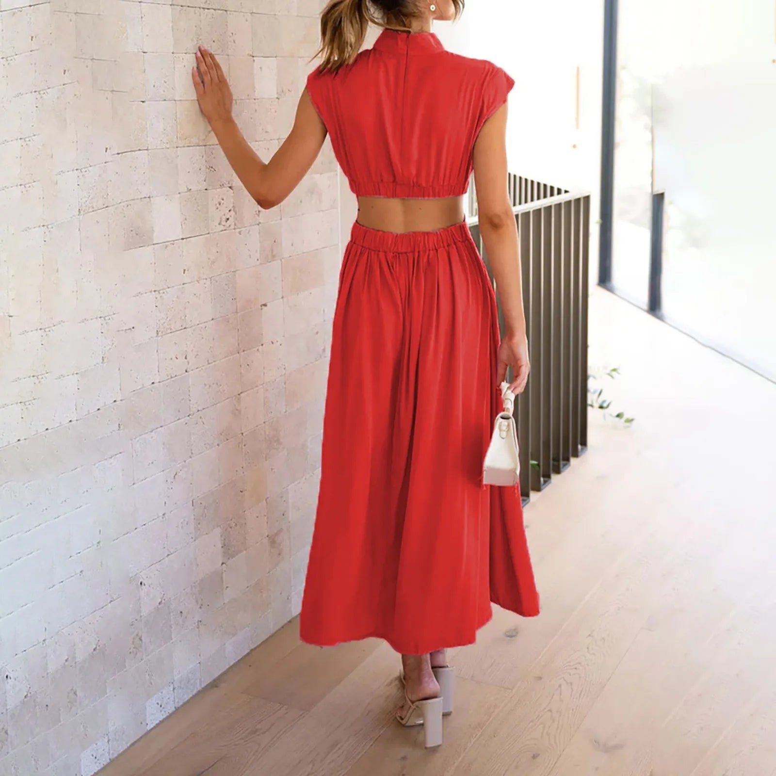 Solid Color High Waist Maxi Dress Sleeveless With Pockets