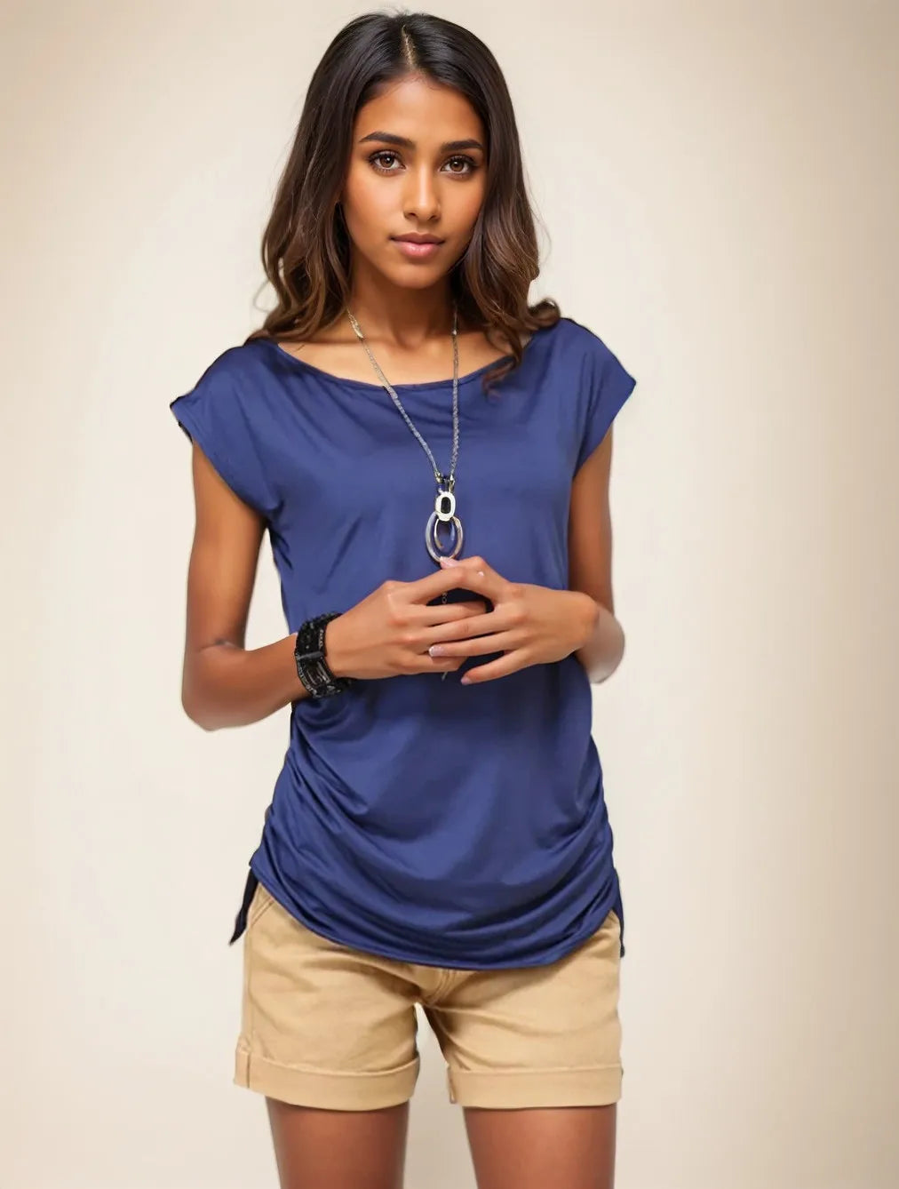 Round Neck Elastic Short Sleeve Pink Women's T-Shirt Loose Fit Retro Summer Top