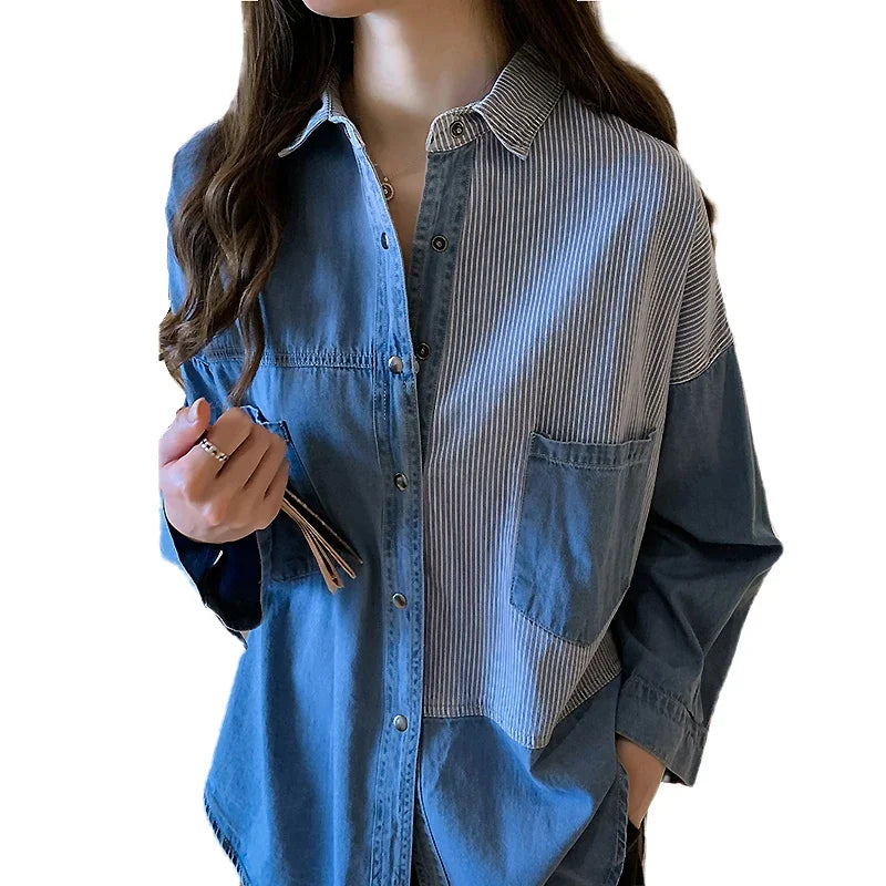 Loose Fit Women's Denim Shirt Long Sleeve Cotton Casual Button-Up Korean Style Autumn Winter Camisa Jeans Shirt