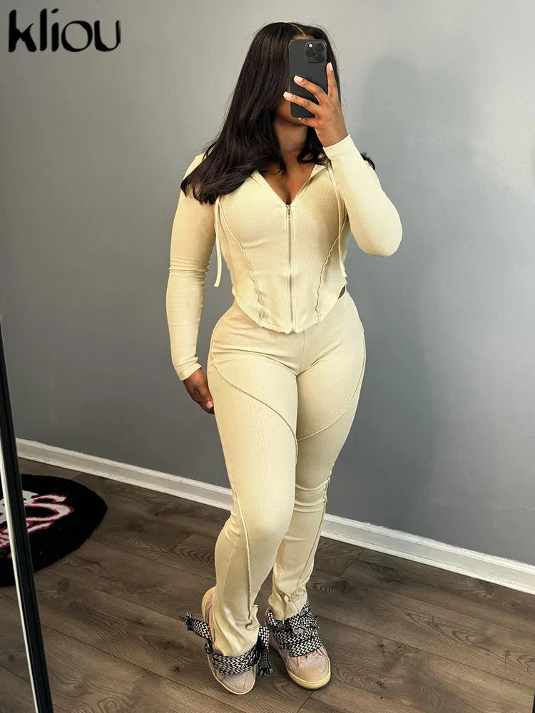 Casual Sporty 2 Piece Activewear Set for Women with Irregular Full Sleeve Zip-Up Hoodie and Slim Elastic Pants