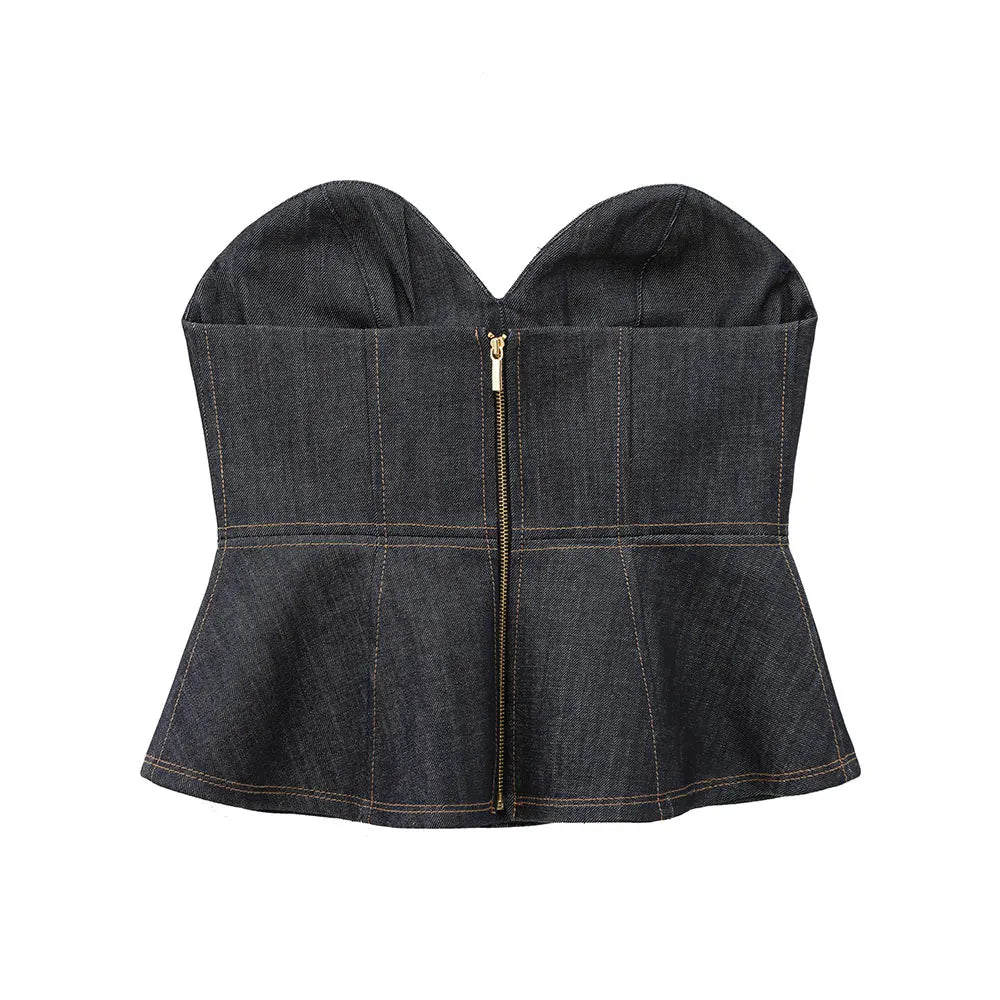 Women's Denim Jacket and Pants Set with Long Sleeve Blazer, Strapless Vest, and Straight Leg Jeans Fashion Outfit