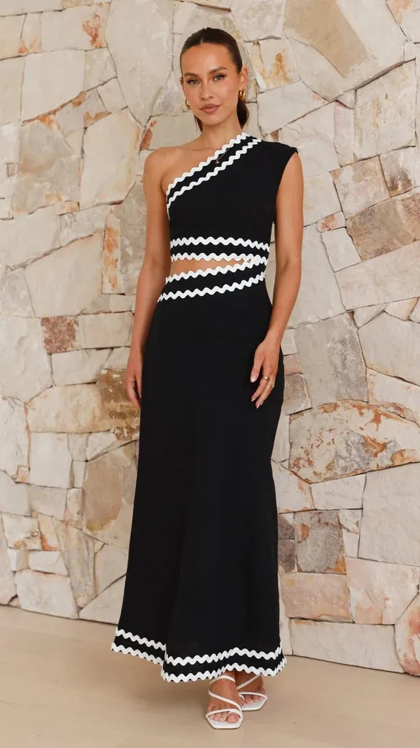 Elegant Lace Two Piece Dress With Diagonal Shoulder