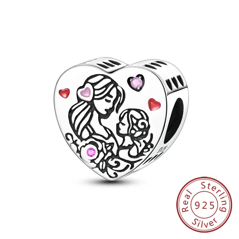 925 Sterling Silver Love Heart Family Charm Bead Pendant for Women's Bracelet Jewelry Gift