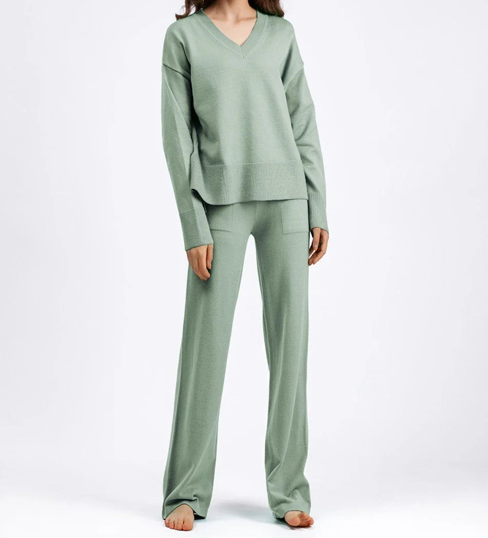 Casual Women's Sweater Pullover Knit Two-Piece Set with Loose Pants for Autumn and Winter