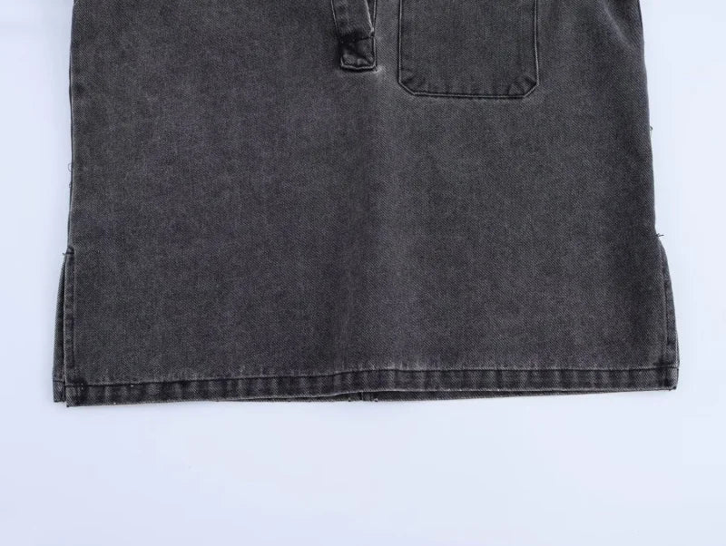 Casual Open Collar Denim Top with Pocket and Loose Wide Leg Drawstring Waist Denim Pants Two Piece Set for Women