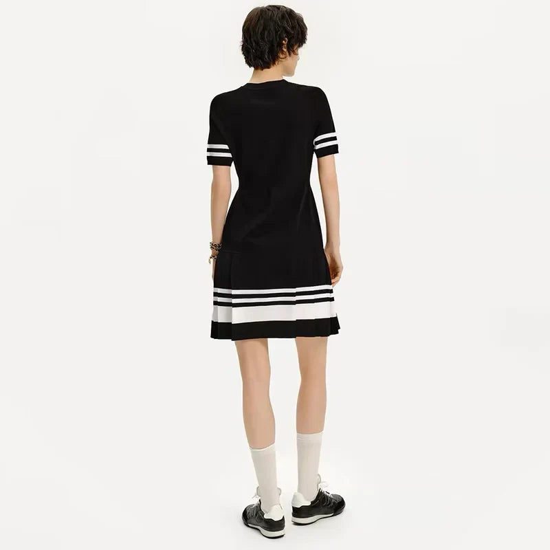 Women Short Sleeve Knit Dress Contrast Fit Flare Summer