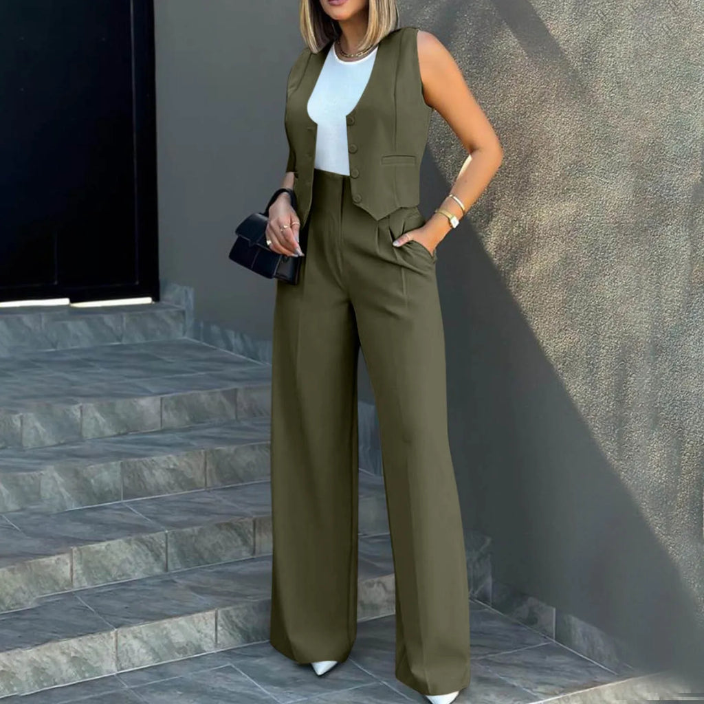 Sleeveless V-Neck Vest and High Waist Wide Leg Pant Set for Women Casual Chic Vintage Elegant Two Piece Outfit for Office and Everyday Wear
