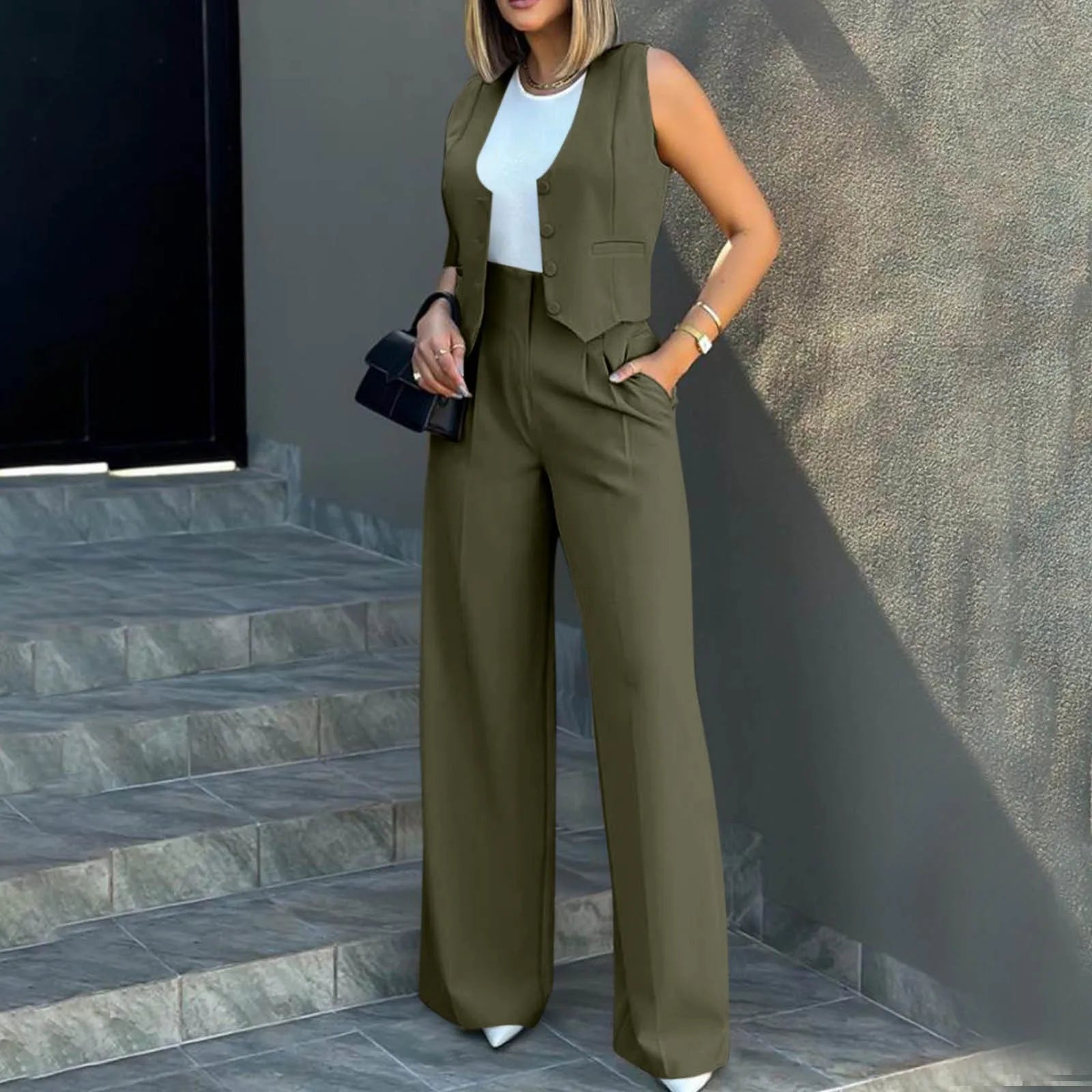 Sleeveless V-Neck Vest and High Waist Wide Leg Pant Set for Women Casual Chic Vintage Elegant Two Piece Outfit for Office and Everyday Wear