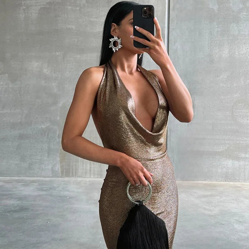 Glitter Halter Maxi Dress Backless V Neck Evening Party