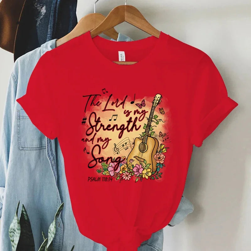 Women Vintage Boho Guitar Print Christian T-Shirt Summer Faith Tee with Bible Verse