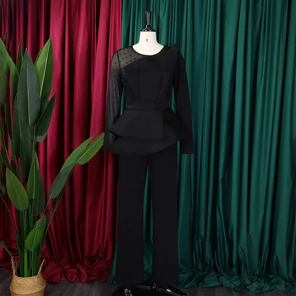 Elegant High Waisted Jumpsuit for Women with Round Neck Beaded Detail and Transparent Sleeves Perfect for Birthday Parties and Special Occasions