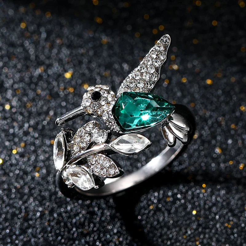Elegant Natural Blue Stone Hummingbird Adjustable Ring for Women - Unique Glass Filled Wedding and Engagement Jewelry