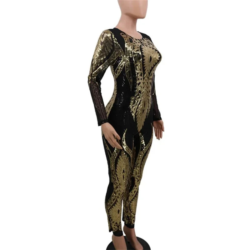 Sexy Sheer Mesh Patterned Jumpsuit for Women Slim Fit Pencil Trousers Romper One-Piece Party Clubwear Night Out Pants