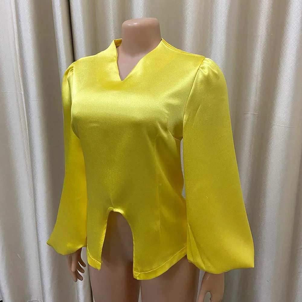 Elegant Satin V Neck Office Blouse for Women Full Sleeve Front Split Luxury Party and Dinner Shirt