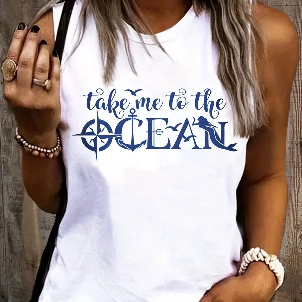 Women's Summer Casual Loose Letter Print Round Neck Sleeveless Tank Top