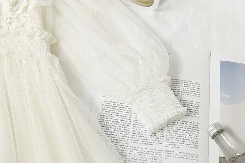 White Lace Mesh Dress With Lantern Sleeves For Women